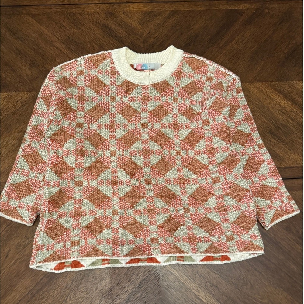 Free People Beach Geometric Diamond Knit Sweater Orange Cream XS OB1399451 |N1 - Picture 2 of 7